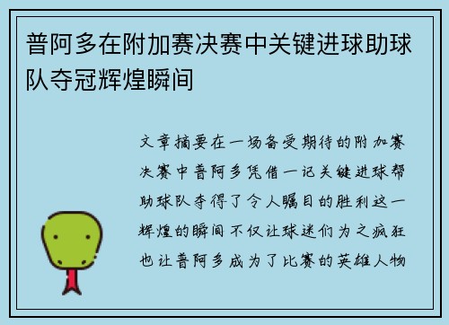 普阿多在附加赛决赛中关键进球助球队夺冠辉煌瞬间